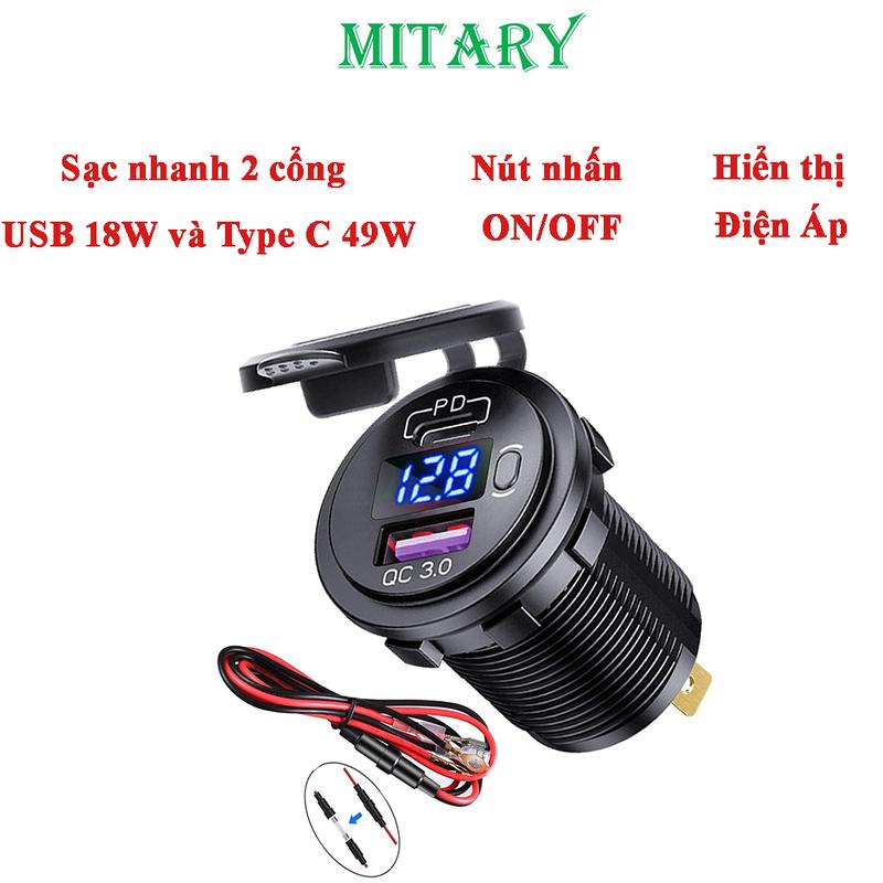 Tẩu sạc gắn trên XE MÁY, Ô TÔ siêu nhanh 67W cổng USB type C màn hình LED hiển thị điện áp và nút nhất Bật/Tắt -MTR004 sạc điện thoại  bằng acquy Phụ Kiện