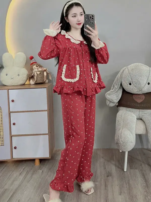 Bộ nữ mặc nhà Đũi mềm Màu Đỏ siêu dễ thương Women Áo Quần Ngủ freesize 40-60kg 6