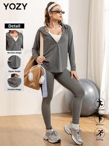 YOZY-GOOO Women's Letter Print Zip Up Sports Hooded Jacket, Casual Sporty Long Sleeve Hooded Outerwear for Yoga Gym Workout, Ladies Sportswear for All Seasons