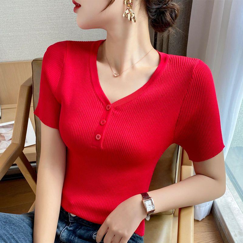 Áo Thun Mùa Hè, ngắn Tay, Chất Liệu Lụa Lạnh Dành Cho Nữ, Phong Cách Hàn Quốc, Dáng Ôm, Cổ Chữ V, Thiết Kế Nút, Áo Mỏng, Hợp Xu hướng, Hàng Mới Về Năm 2025 3