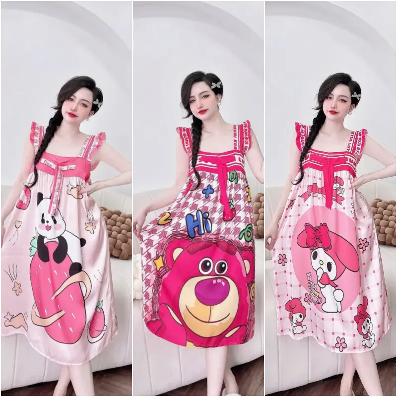 Váy ngủ lụa 2dây latin bigsize tay cánh tiên in hình dễ thương.