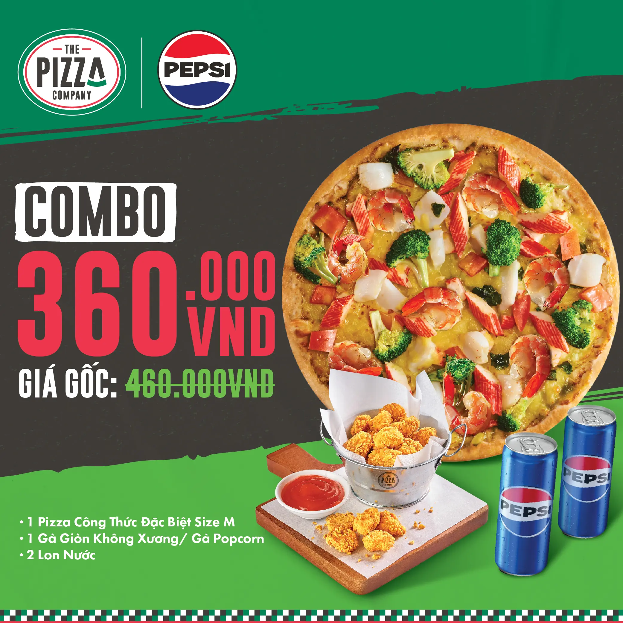 Combo Pizza Hải Sản Pesto Xanh size M - (2-3 người) - 1 Pizza Hải Sản Pesto Xanh size M + 1 Gà Giòn Không Xương/ Gà Popcorn + 2 Lon Pepsi - The Pizza Company - (Giao nhanh 1H)