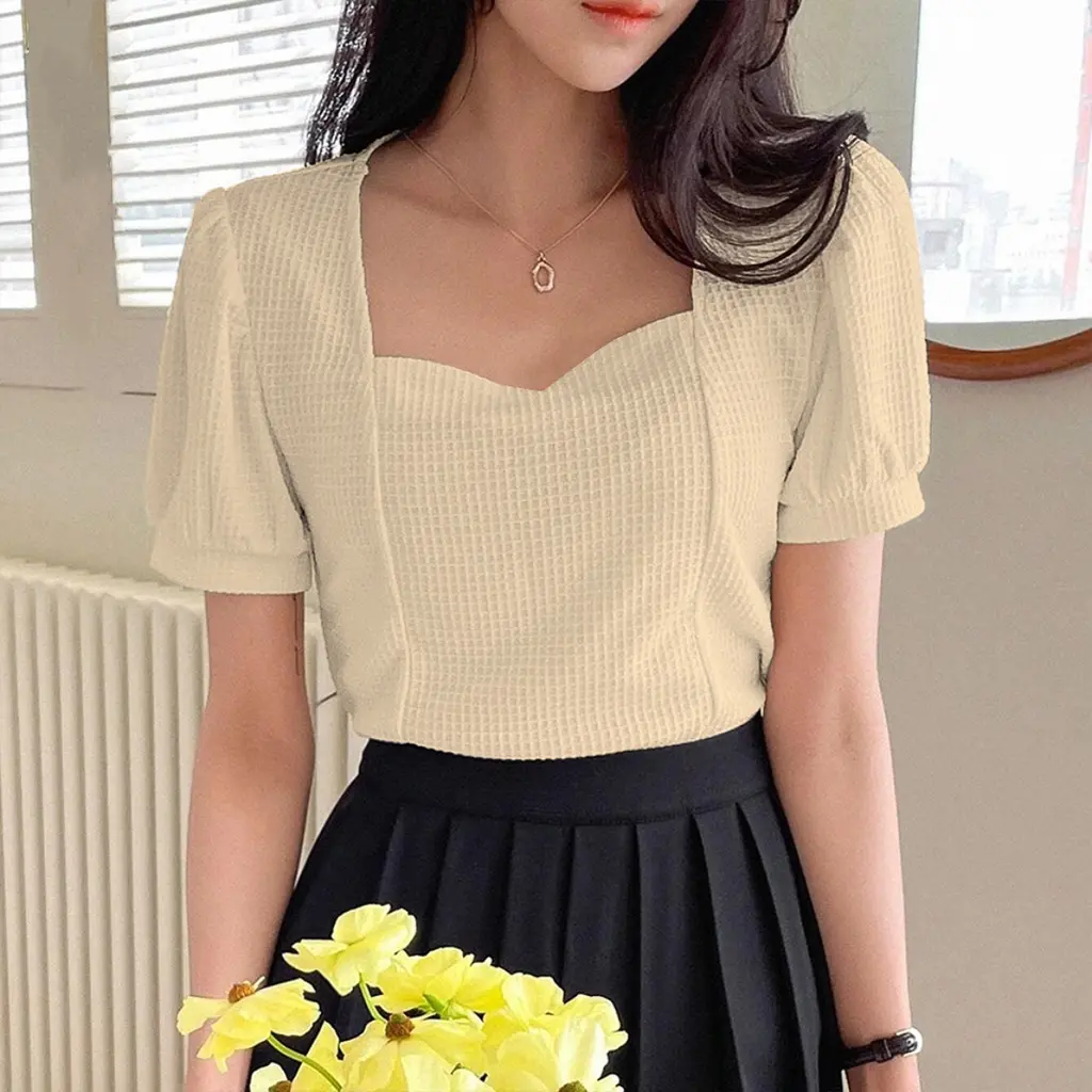 Ayel Fashion Korean Womenswear  Puff Sleeve Waffle Knit Tee Semi Crop Top  Stretchable