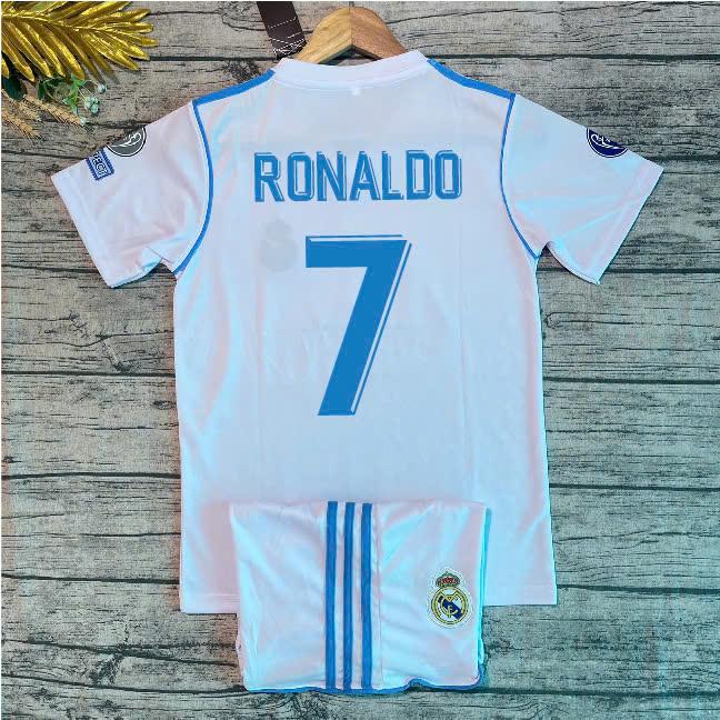 Áo Bóng Đá Trẻ Em CLB REAL TRẮNG RETRO 2018 - RONALDO - ( Quần + Áo ) - Vải Mè Thái Cao Cấp - Hàng in Sẵn áođábóng chobégái aobóngda