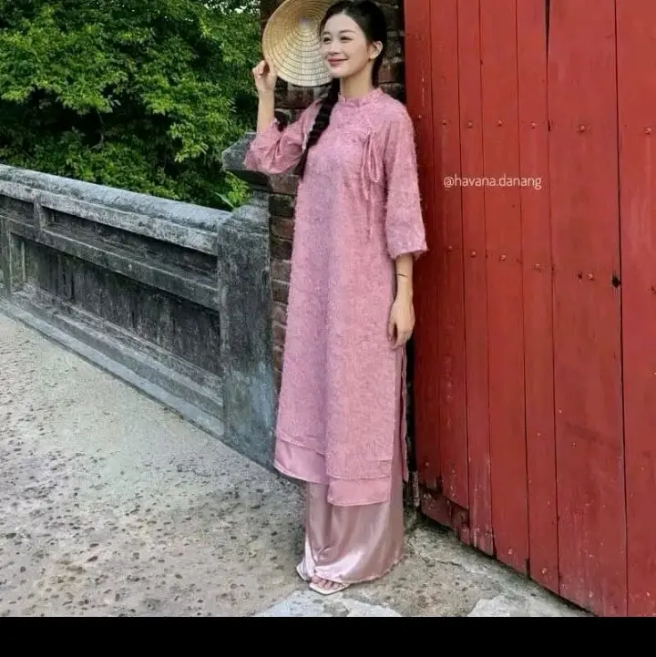 Áo Dài Lông Vũ Hoa Nổi - Dài Cổ Tay, Phối Quần Lụa ( có chun) 7