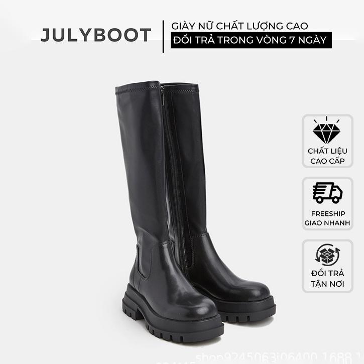SẴN Boot nữ Lửng Dáng Xỏ Đế Bánh Mì 6 cm Ulzzang Siêu Xinh lb Mũi tròn Ngang bắp chân Bốt cao trên gối Màu đen