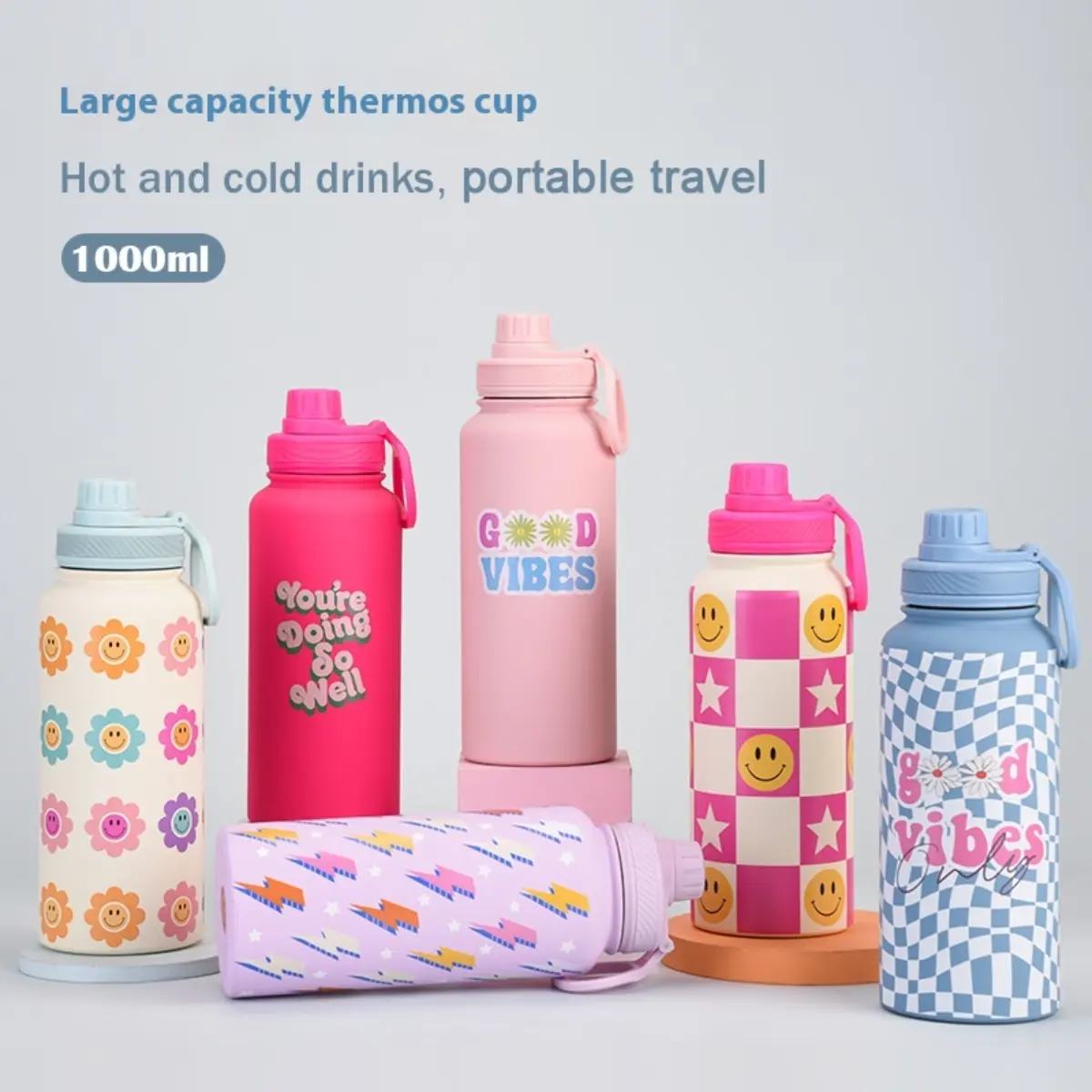 22 colors 2024 new 1L insulated cup large capacity wide mouth portable handle vacuum sports kettle outdoor floral pattern water bottle pink water bottle 1000ml BPA free