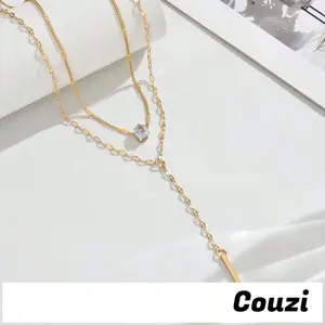 [Couzi]Kalung rumbai berbentuk Y emas rantai tulang selangka unik untuk wanita kalung batu permata bergaya vintage berlapis lapis untuk pelajar B117