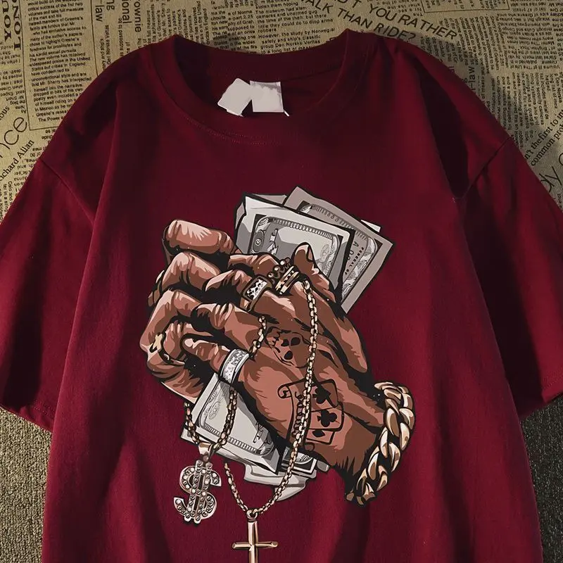 American street hip-hop style short sleeved T-shirt for men and women's casual fashion new summer 100% pure cotton retro printed oversized loose top high-end couple outfit