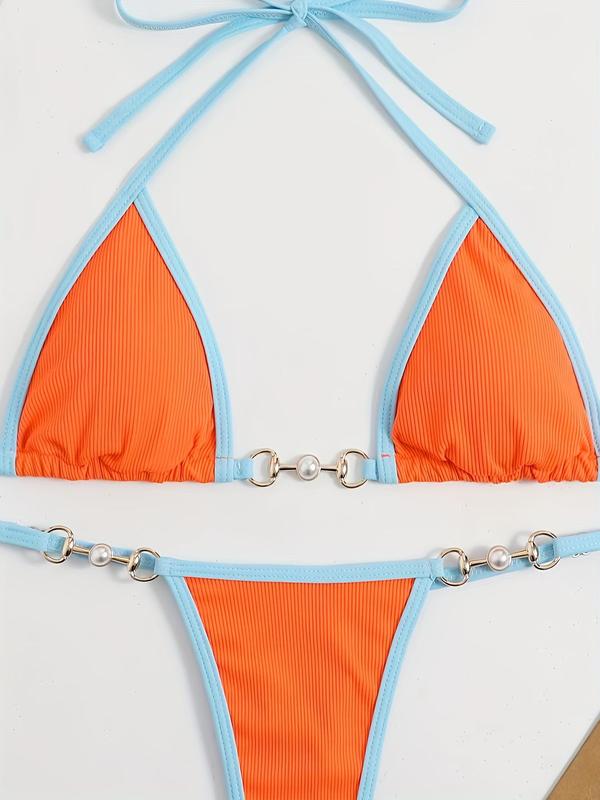 Women's Contrast Binding Faux Pearls Decor Ring Linked Design Sexy Skinny Bikini Set, 2024 Fashionable Summer New Halter Neck Triangle Swim Top & Swim Thong for Beach, Women's Swimwear for All Seasons 6