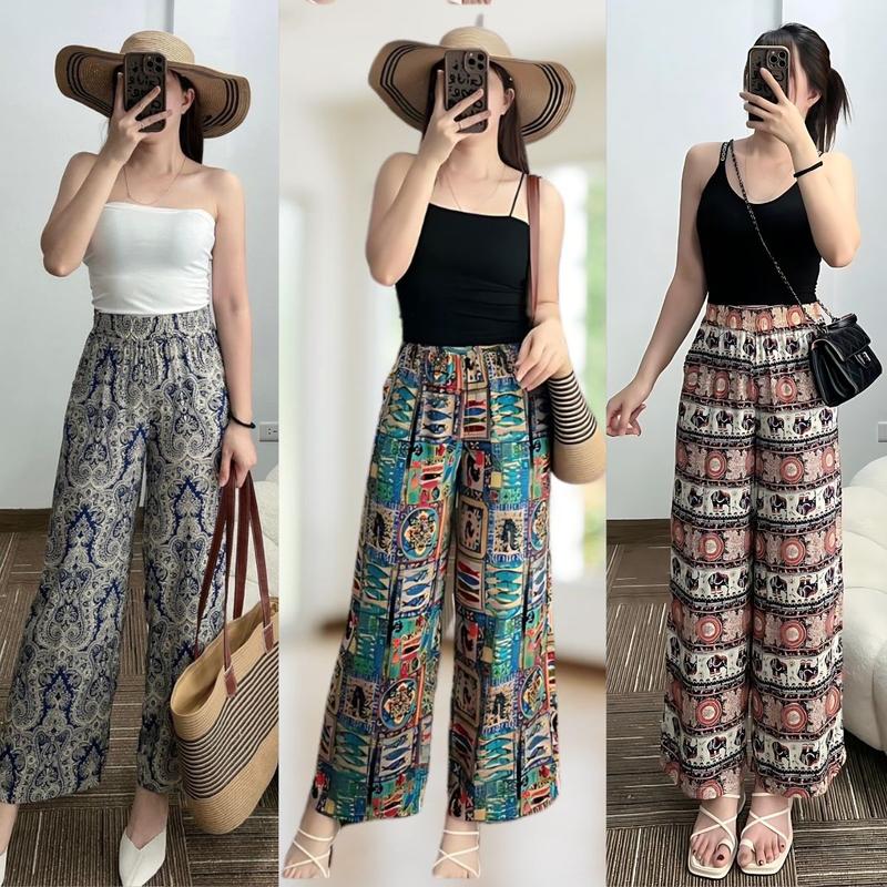 Quần dài ống suôn thổ cẩm, họa tiết hoa văn, vải lanh (SIZE 40-65 KG) NHIỀU MẪU, Nữ Women Ong