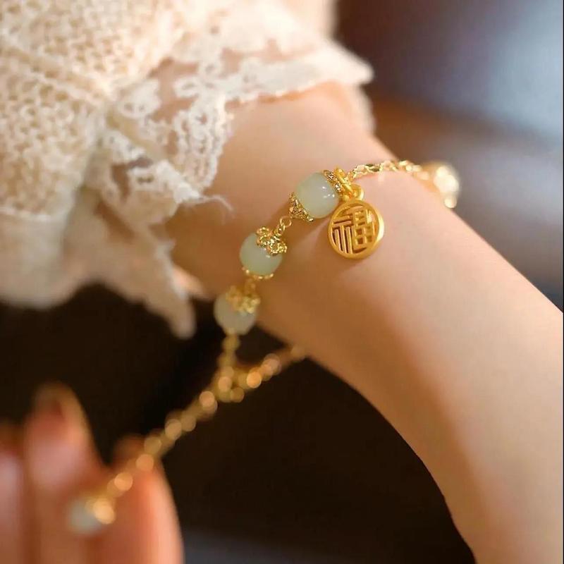 Product Introduction of Design Fu Character Bracelet Female Sansheng I Natural Hetian Retro High Sense Ins Couple Girlfriends 7