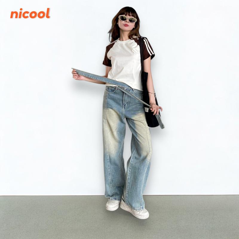 Quần Jean Nữ Ống Suông Xanh Dơ Wash Kèm Dây Lưng Nicool N41-Q38 Kem Pants