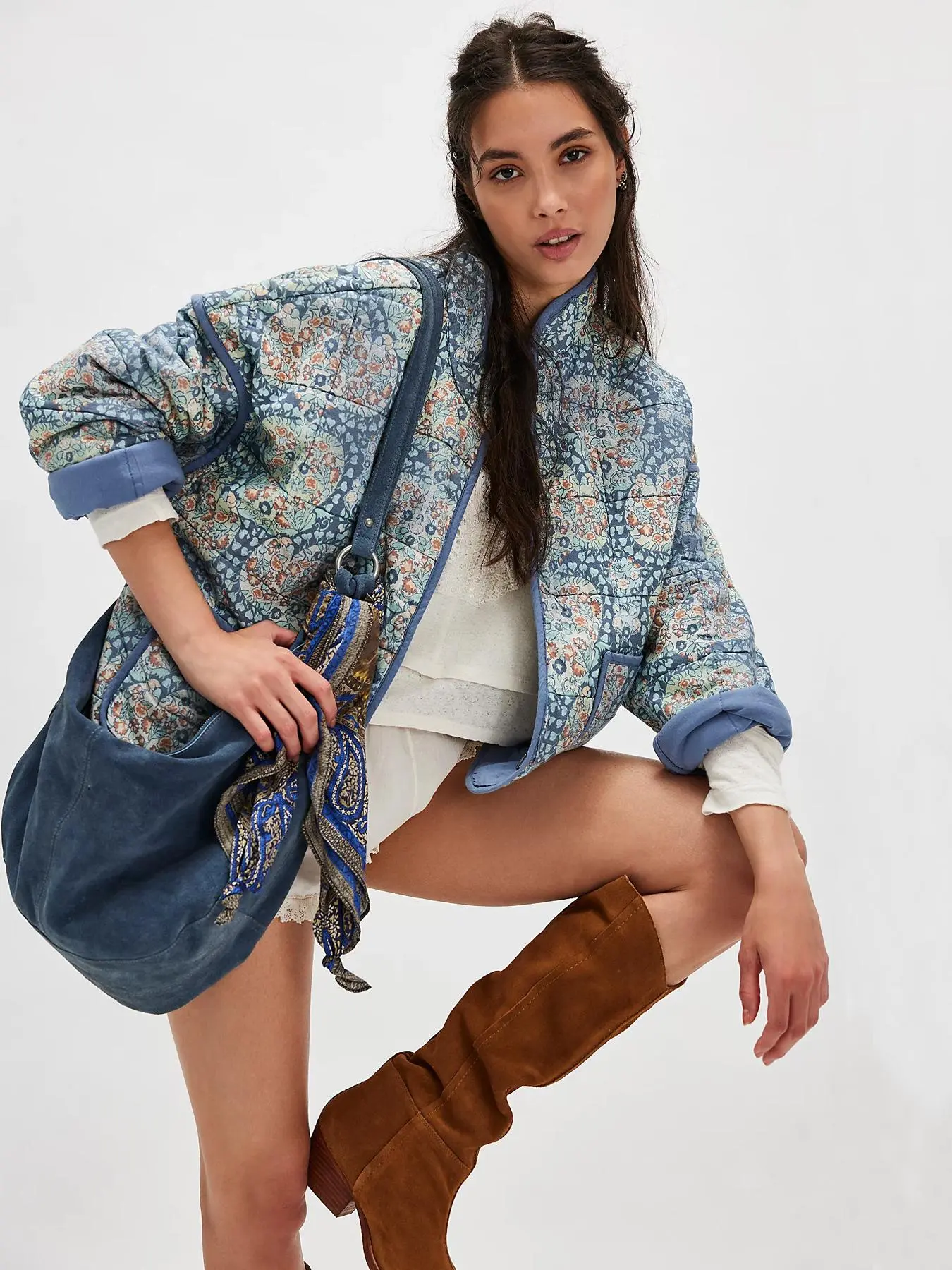 Women's All Over Print Pocket Drop Shoulder Quilted Jacket, Boho Long Sleeve Open Front Outerwear for Fall & Winter, Ladies Clothes for Daily Wear