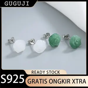 GUGUJI Anting Perak 925 Dengan Batu Giok Hetian Yang Indah Anting Jasper Yang Elegan Anting Bunga Mawar Giok Yang Dipahat Tangan Untuk Wanita