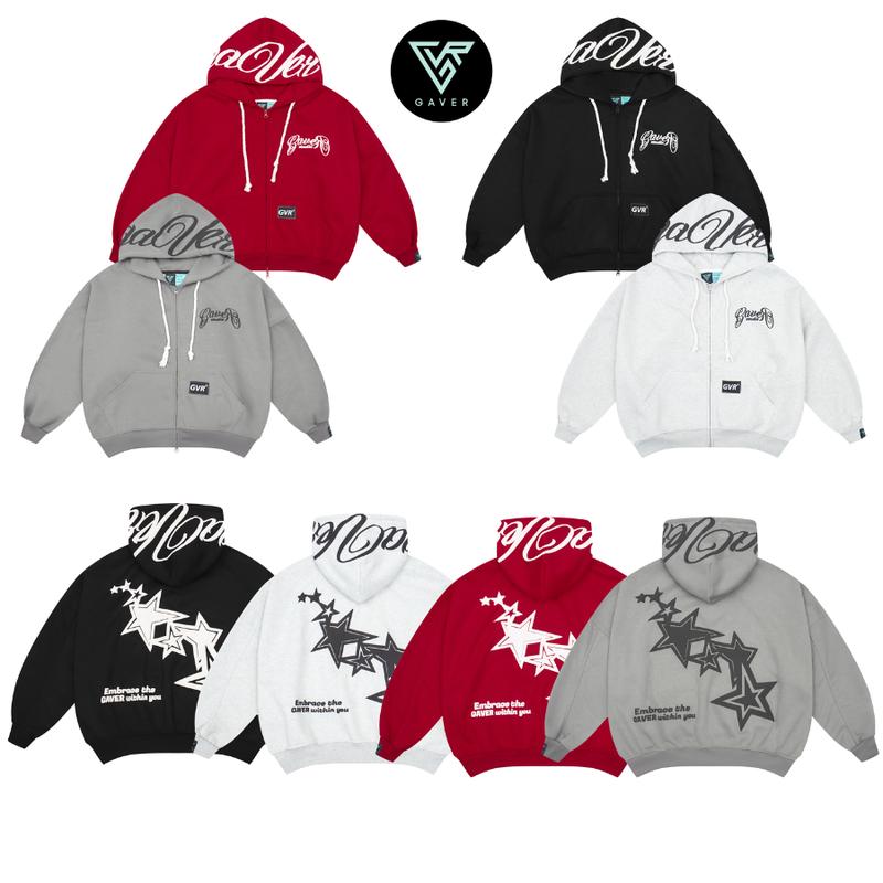 Áo khoác nỉ 2 da in nổi - MANY STARS form boxy khóa kéo 2 đầu Unisex_GAVER Menswear Hoodie