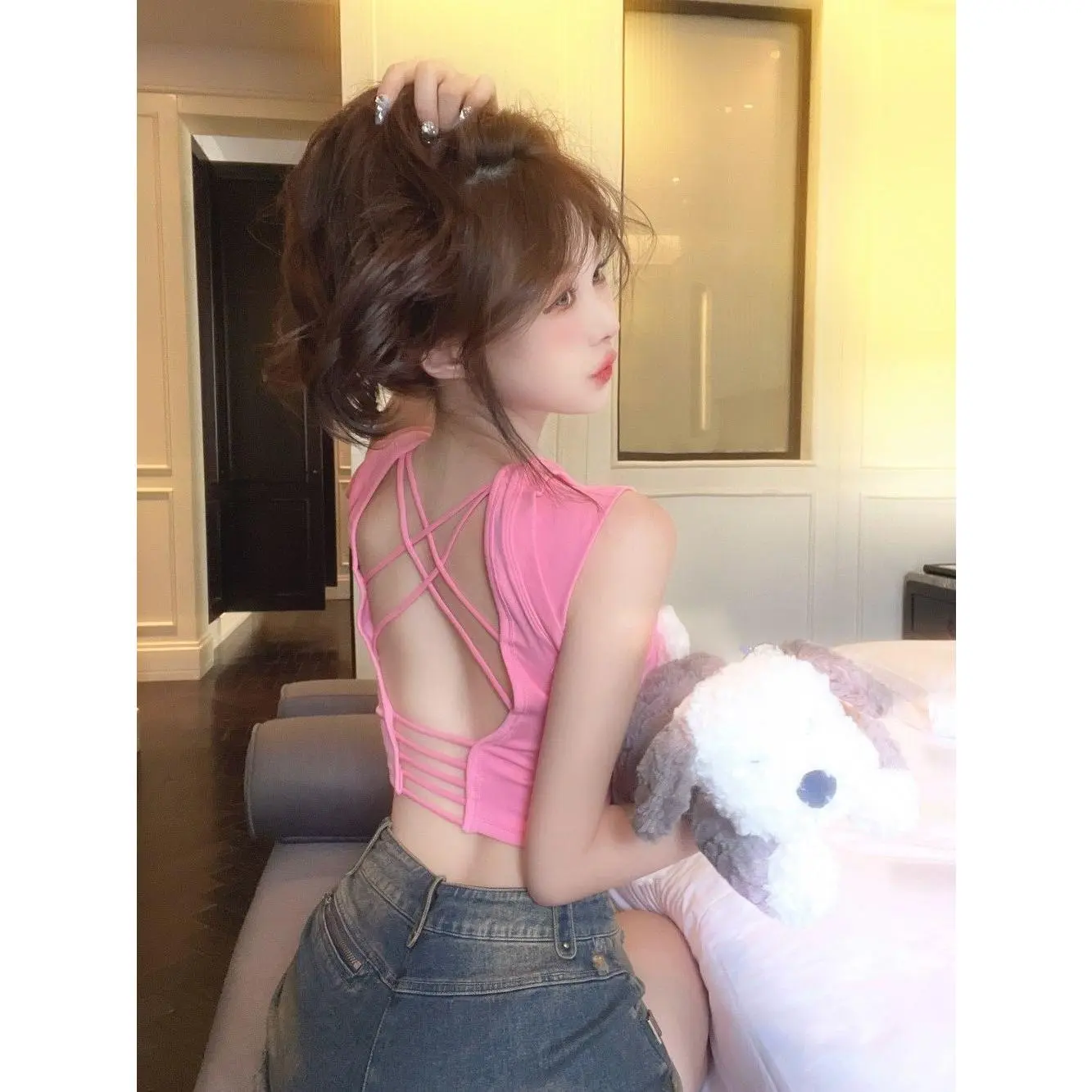 Dopamine Wear Beauty Back Camisole Women's Chest Pad Integrated Chest Wrap Summer Sweet Hot Girl Backless Tube Top Top
