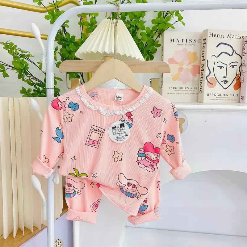 COMBO 2 BỘ quần áo thun tăm dài tay, họa tiết in kín cho bé gái size 6-16kg 4