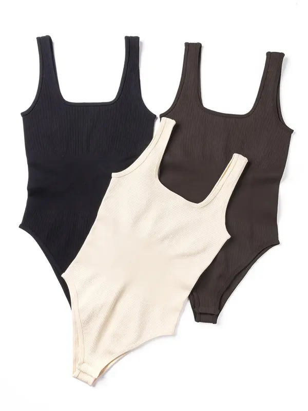 Women's Solid Ribbed Bodysuit, Summer Clothes for Women, Casual Sleeveless Bodysuit for Summer, Ladies Clothes for Daily Wear 2