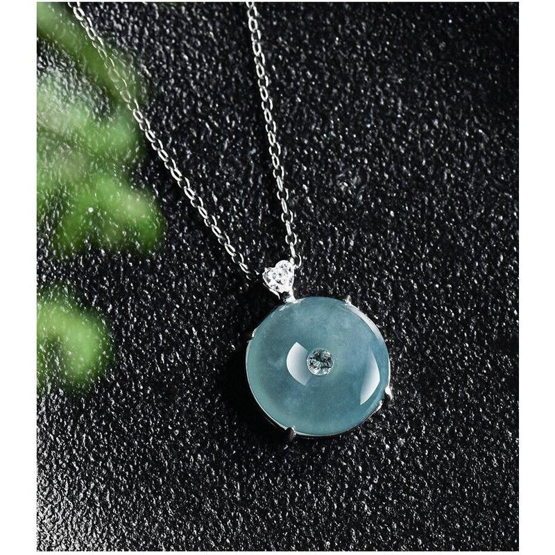 S925 silver inlaid with natural A jadeite blue water safety buckle ice jade pendant pendant necklace men's and women's pendant 7