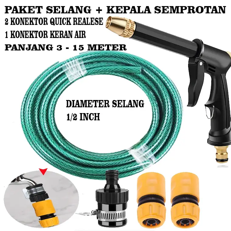 Paket Selang Serat Benang Anti Lumut Diameter 1/2 Inch / Kepala semprotan air + 1 set quick realese keran air 0