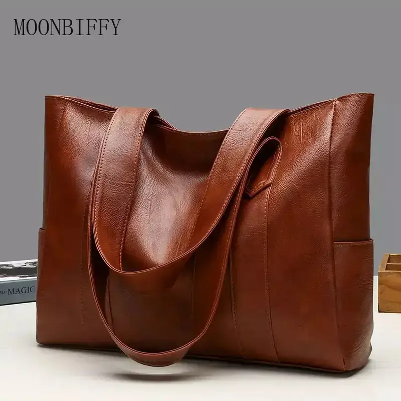 Fashion Large Soft Leather Ladies Bag European and American Retro Ladies Large Capacity Shoulder Handbag PU Material