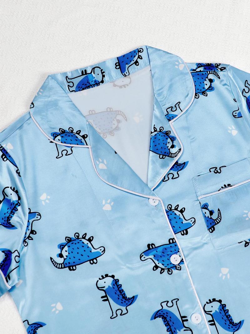 Product Introduction of Two-piece Set Women's Cartoon Dinosaur Print Top & Shorts Satin Pyjama Set, Cute Comfy Pocket Short Sleeve Top & Shorts Pj Set, Ladies Summer Sleepwear, Pajamas 9