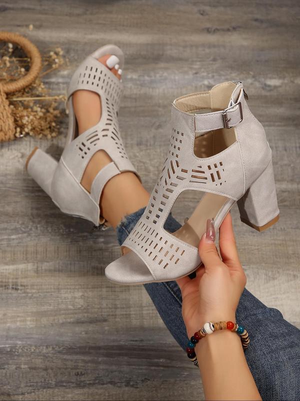 Women's Summer 2024 Fashionable Solid Color Hollowed-out Zipper High Heel Sandals, Peep Toe Sandals Chunky Heel, Ankle Strap Pumps Shoes for Party 5