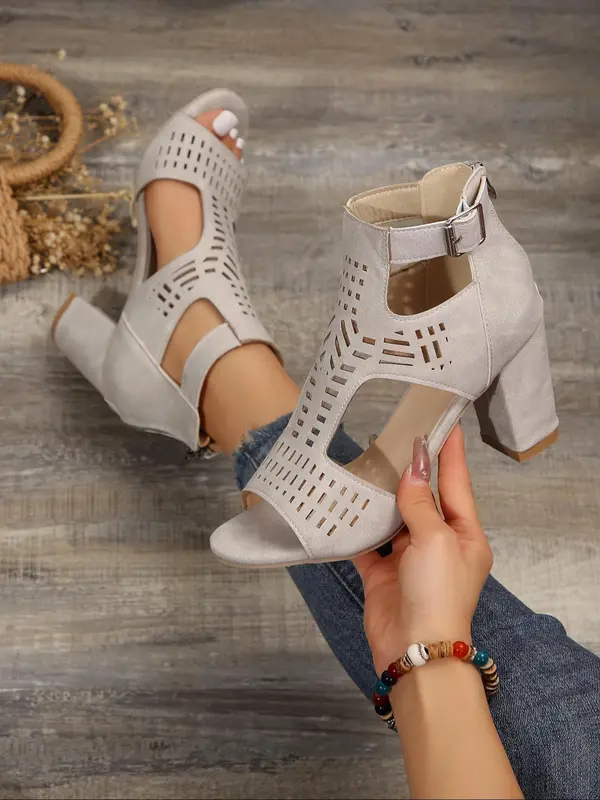 Women's Summer 2024 Fashionable Solid Color Hollowed-out Zipper High Heel Sandals, Peep Toe Sandals Chunky Heel, Ankle Strap Pumps Shoes for Party 4