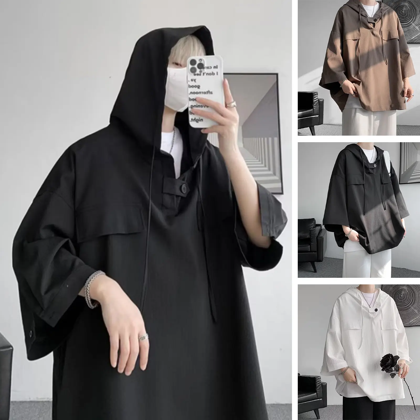 Qikbjgs Spring Summer Men Top Chest Pockets Oversized Hip Hop Solid Color Hooded Three Quarter Sleeves Thin Drawstring Soft Breathable Streetwear Shirt Hoodie