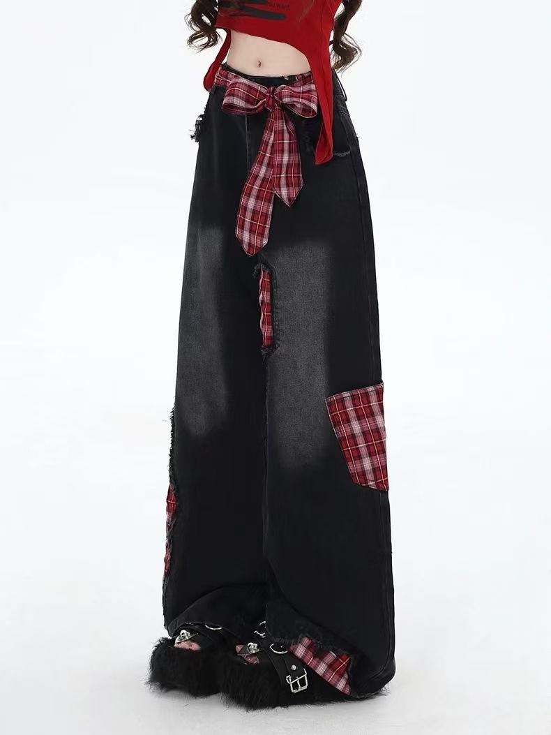 Product Introduction of Quần jeans nữ ống rộng thời trang form rộng Quần Jean Ống Rộng, Cỡ Nhỏ Phong Cách Mỹ Kẻ Sọc Chắp Vá, Có Thắt Nơ, Dành Cho Nữ, Hàng Mới Về Cho Mùa Thu Và Mùa Đông, Quần Dài Dáng Rộng Phong Cách Đường Phố Cao Cấpy2ky2kquần jeans nữquần jean ngầu 4