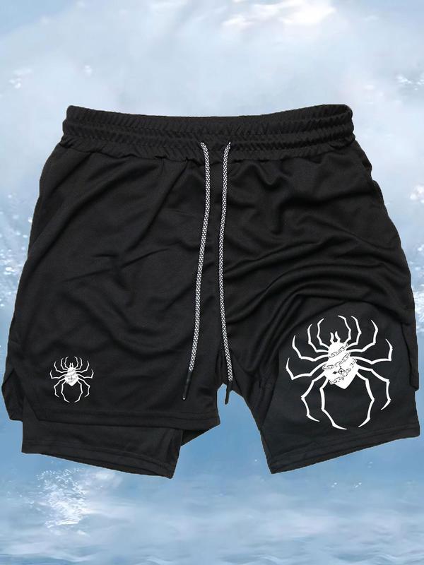 Men's Spider Print 2 in 1 Drawstring Waist Sporty Shorts, Casual Sporty Regular Fit Quick Drying Breathable Bottoms, Men Sports Clothes for Gym Workout Running 3