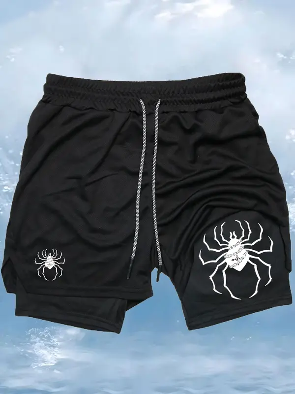 Men's Spider Print 2 in 1 Drawstring Waist Sporty Shorts, Casual Sporty Regular Fit Quick Drying Breathable Bottoms, Men Sports Clothes for Gym Workout Running, Athletic Shorts 2