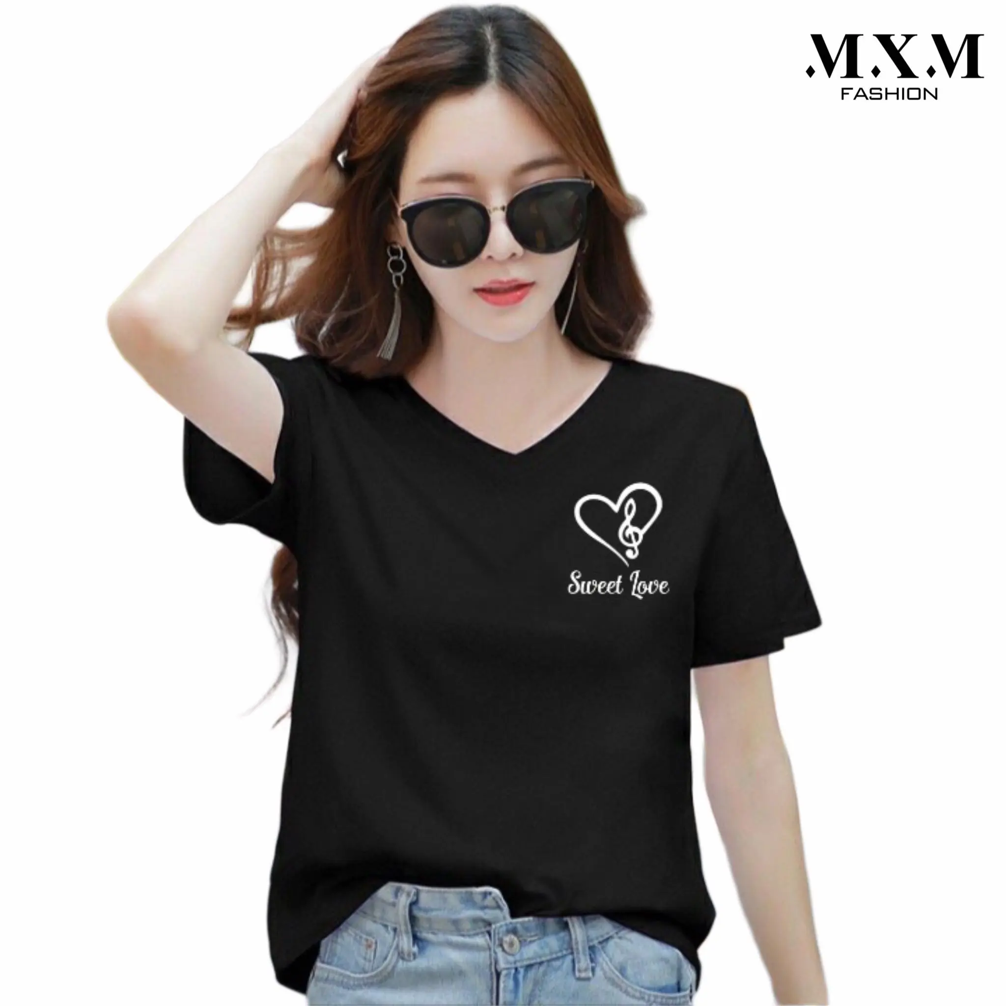 Áo thun nữ MXM cổ tim form rộng in tim Sweet Love thun cotton 4 chiều ( ANU035 ) Top Cổ Tim Women
