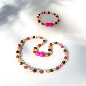 Amber Buddy | LE562 Kalung & Gelang Bayi Baltic Amber kombinasi Pink Frost Agate. 32cm & 14cm
