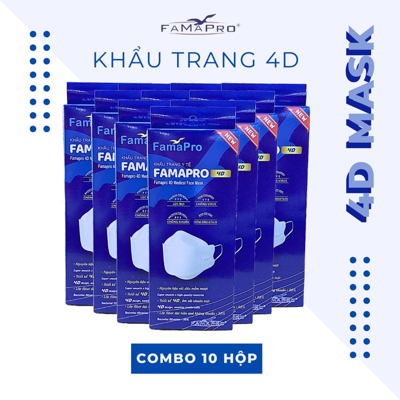 [Combo 10 hộp - 100 cái] Khẩu trang y tế cao cấp kháng khuẩn 3 lớp Famapro 4D hộp 10 cái