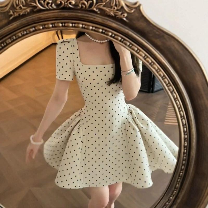  Đầm nữ cổ vuông nhún xếp ly eo hoạ tiết chấm bi TABISHOP Váy tiểu thư phong cách Hàn Quốc mặc đi tiệc đi chơi 188  