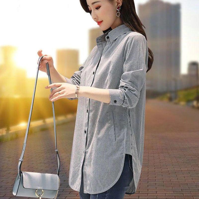 Áo Sơ Mi Phong Cách Phương Tây Dài Trung Bình Có Thể Mặc Ngoài Trời, Hàng Mới Về Mùa Thu, Dành Cho Nữ, Sọc, Dài Tay, Dáng Rộng Rãi Và Thường Ngày, Đơn Giản Và Dễ Phối Đồ Mỏng Vừa Vặn, Áo Nữ Top Women Shirt Voan 1