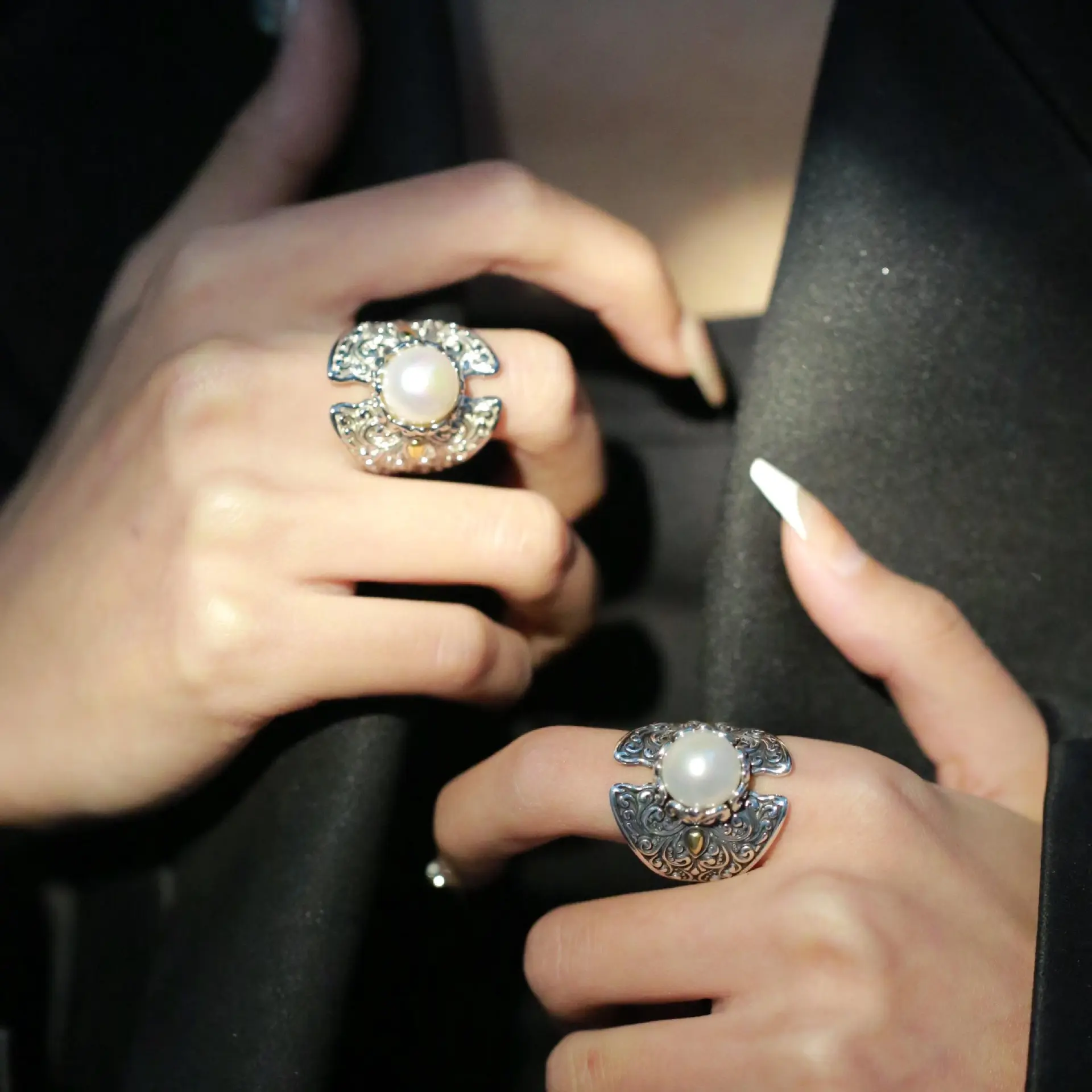 New Product Carved Hollow Imitation Pearl Ring, Fashionable Retro Antique Style Ring