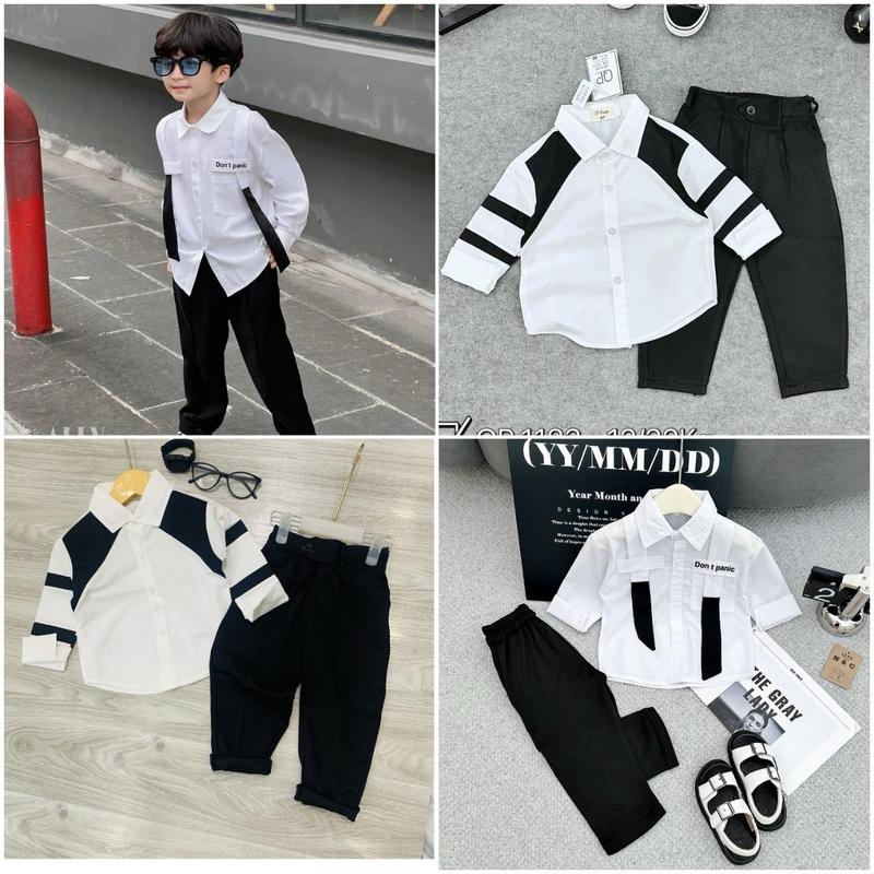 Bộ sơ mi 2 viền tay đen cổ bẻ kèm quần âu đen cho bé trai size 10-30kg và bộ dây đai vai (KÈM DÂY CHUYỀN)( chữ in đậm , mảnh bất kì)