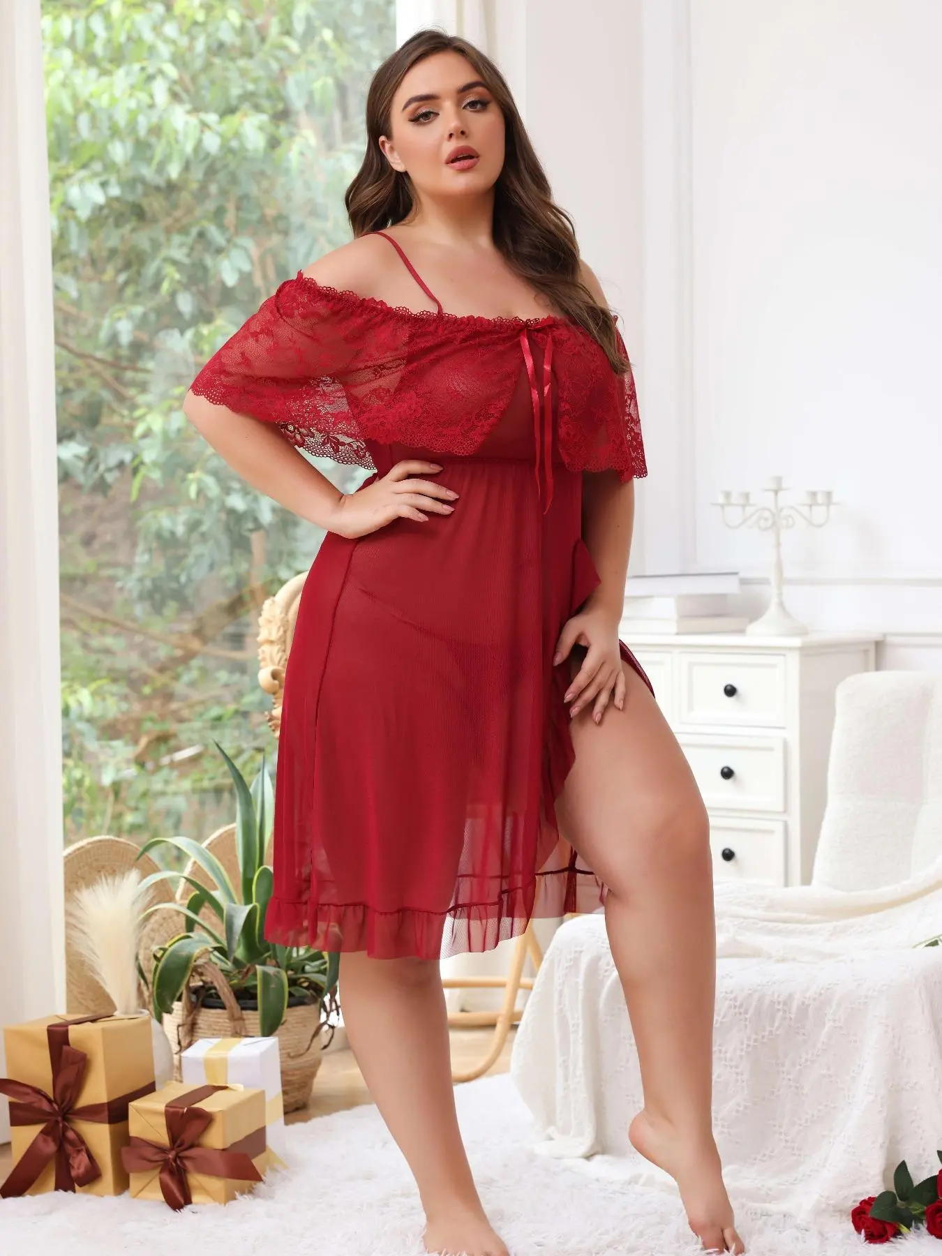 Plus Size Sheer Tulle Sexy Lingerie Set, Romantic Cold Shoulder Contrast Lace Nightdress & Thong, Ruffle Hem Split Thigh Nightgown & Panty Set, Women's Plus Sleepwear for All Seasons