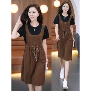 Fake Two Piece Dresses Women 2024 Korean Style New Version Foreign Flavour age reduction Plus Size Patchwork Casual Dress Lady Short Sleeve Suspender dress