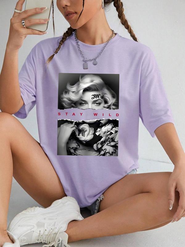 Women's Graphic Print Drop Shoulder Half Sleeve Tee, Fashion Casual Crew Neck T-shirt for Daily Holiday Vacation Outdoor Wear, Ladies Clothes for All Seasons 5