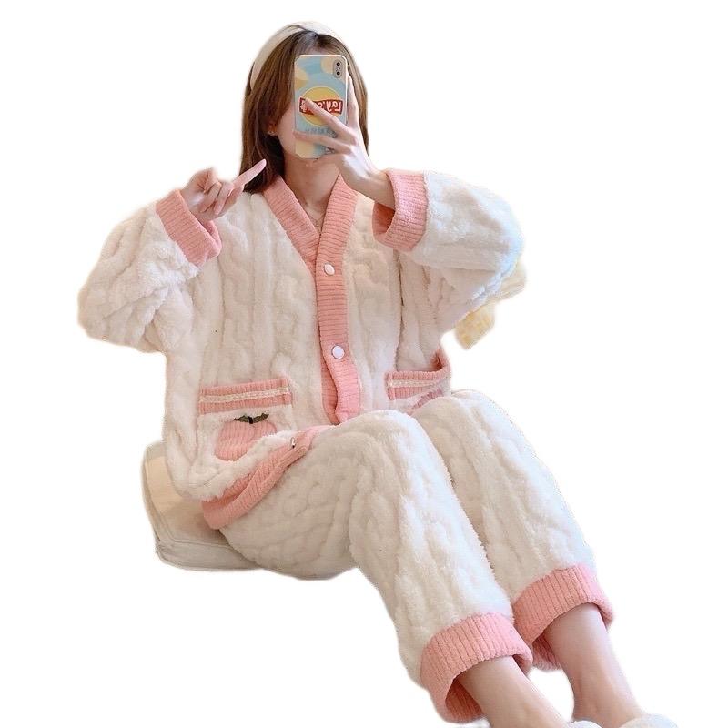   BIGSIZE  Bộ bông Cadigan SIEURE hoạ tiết quả Đào cúc ngọc dày dặn mềm mại mùa đông đồ Nữ 