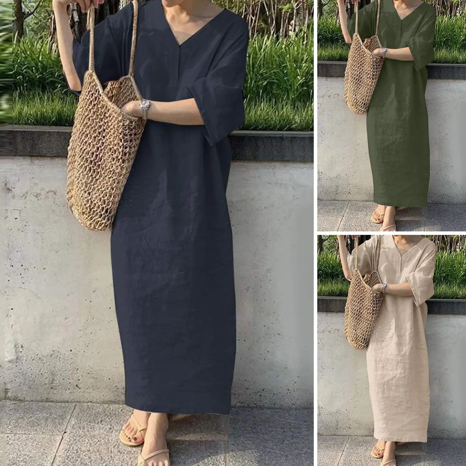 euyuxan V-neck Half Sleeve Thin Maxi Dress Women Solid Color Casual Robe Dress