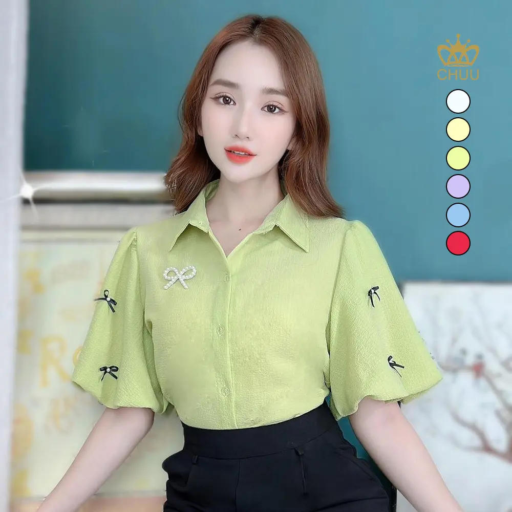 Áo sơ mi nữ kiểu tay bí đính nơ CHUU A9240