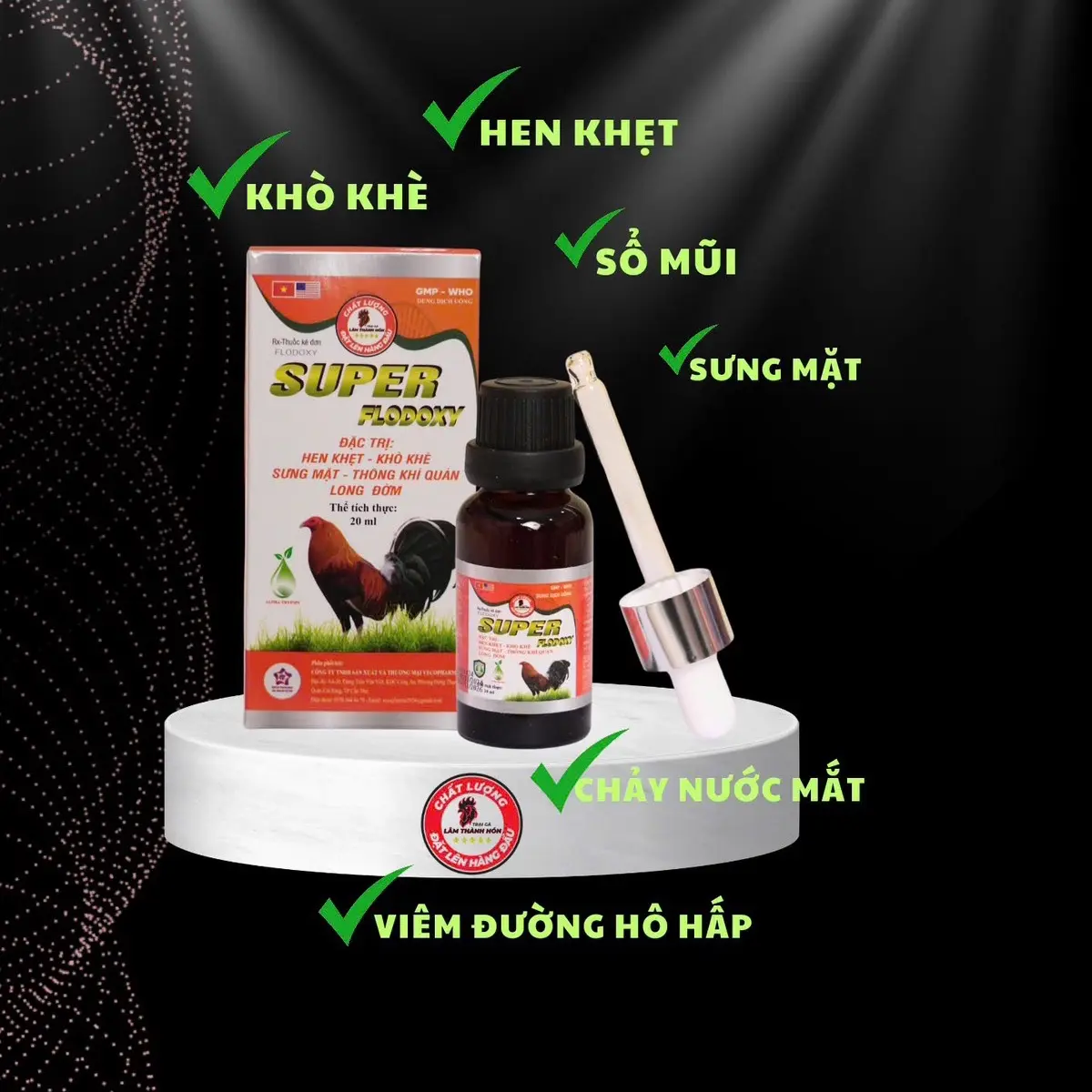 SUPER FLODOXY 20ML.ĐẶC TRỊ HEN KHẸC,KHÒ KHÈ,XƯNG MẶTT, CHẢY NƯỚC MŨI NƯỚC MẮT,TỤ HUYẾT TRÙNG VÀ CẢ THƯƠNG HÀN GÀ CON