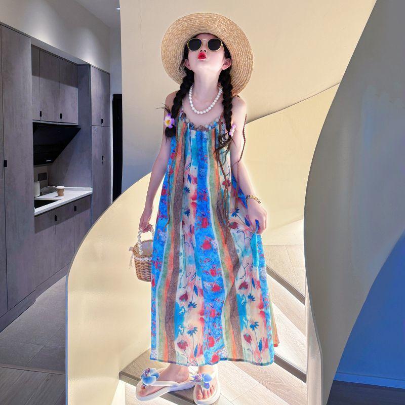 Váy Bé Gái, Bộ Sưu Tập Mùa Hè Mới 2024, Phong Cách Phương Tây, Phong Cách Hepburn, Dành Cho Trẻ Em Trung Bình Và Lớn, Váy Hai Dây, Thích Hợp Cho Kỳ Nghỉ Trên Bãi Biển Của Bé Gái, 2024 7