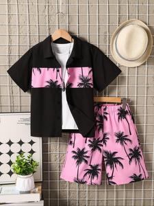 Two-Piece Set Set Random Palm Tree Print Short Sleeve Shirt & Shorts Set, Casual Summer Clothes for Kids Outdoor Holiday Vacation, Kids Clothes