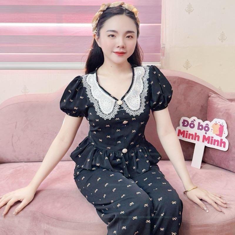 Đồ bộ nữ M1435 áo cổ sen tay búp dáng peplum kèm quần suông có túi chất voan Đồ bộ Minh Minh Kem Top lụa mango